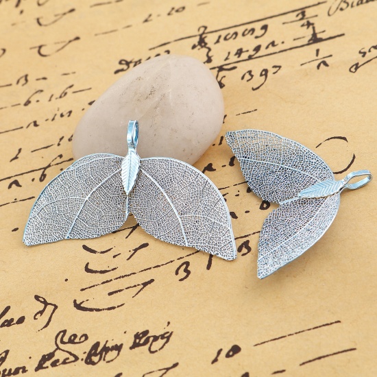 Image de Pendentifs en Laiton & Feuille Naturelle Aile d'Ange Bleu 49mm x 30mm, 2 Pcs