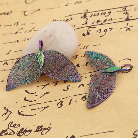 Image de Pendentifs en Laiton & Feuille Naturelle Aile d'Ange Multicolore 49mm x 30mm, 2 Pcs