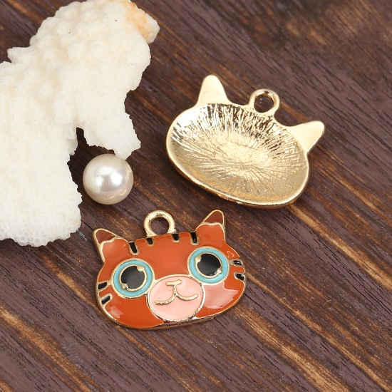 Picture of Zinc Based Alloy Charms Cat Animal Gold Plated Multicolor Enamel 24mm(1") x 20mm( 6/8"), 5 PCs