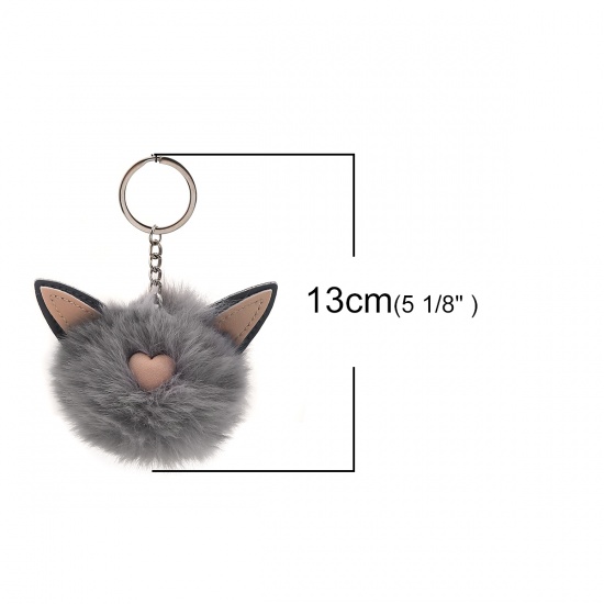 Bild von Plüsch Schlüsselkette & Schlüsselring Katze Silberfarbe Hellgrau Pompon Ball 13cm x 10cm, 1 Stück
