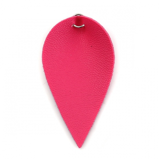 Picture of PU Leather Pendants Leaf Silver Tone Fuchsia W/ Jump Ring 63mm(2 4/8") x 33mm(1 2/8"), 20 PCs
