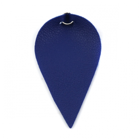 Picture of PU Leather Pendants Leaf Silver Tone Royal Blue W/ Jump Ring 63mm(2 4/8") x 33mm(1 2/8"), 20 PCs