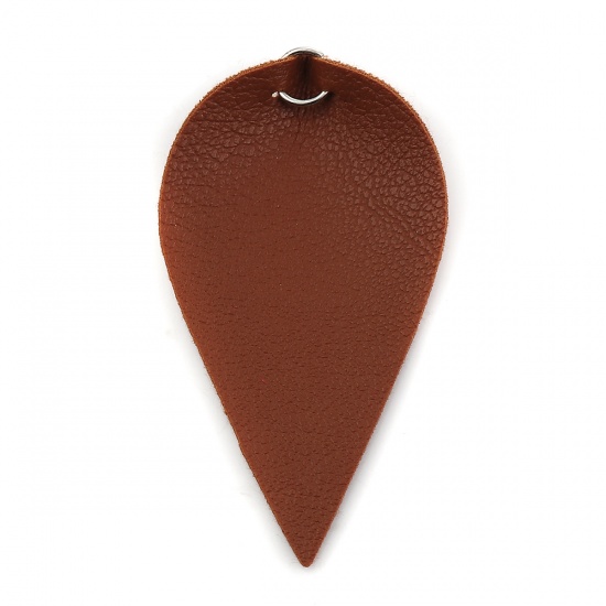 Picture of PU Leather Pendants Leaf Silver Tone Brown W/ Jump Ring 63mm(2 4/8") x 33mm(1 2/8"), 20 PCs