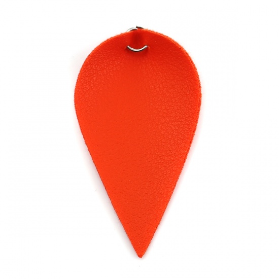 Picture of PU Leather Pendants Leaf Silver Tone Orange-red W/ Jump Ring 63mm(2 4/8") x 33mm(1 2/8"), 20 PCs