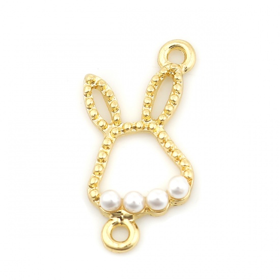 Picture of Zinc Based Alloy & Acrylic Connectors Rabbit Animal Gold Plated White Imitation Pearl 26mm x 15mm, 10 PCs