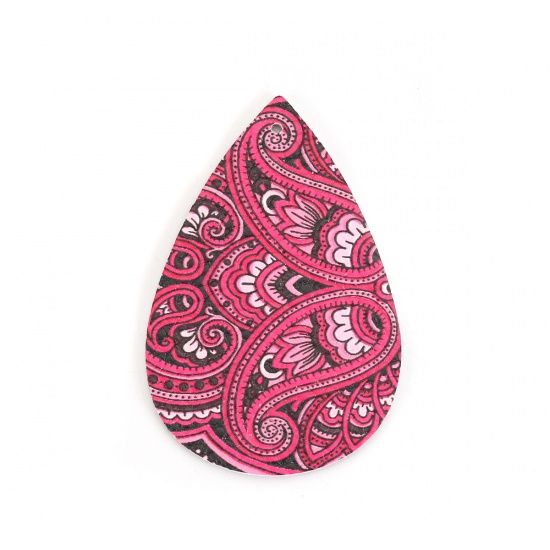 Picture of PU Leather Pendants Drop Fuchsia Paisely 56mm(2 2/8") x 38mm(1 4/8"), 10 PCs