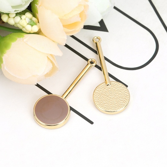 Picture of Zinc Based Alloy Pendants Round Gold Plated Coffee Full Enamel 33mm(1 2/8") x 13mm( 4/8"), 10 PCs