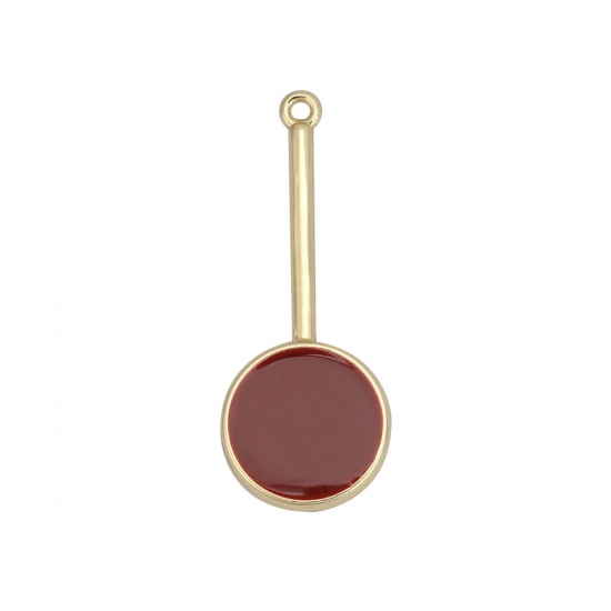 Picture of Zinc Based Alloy Pendants Round Gold Plated Wine Red Full Enamel 33mm(1 2/8") x 13mm( 4/8"), 10 PCs
