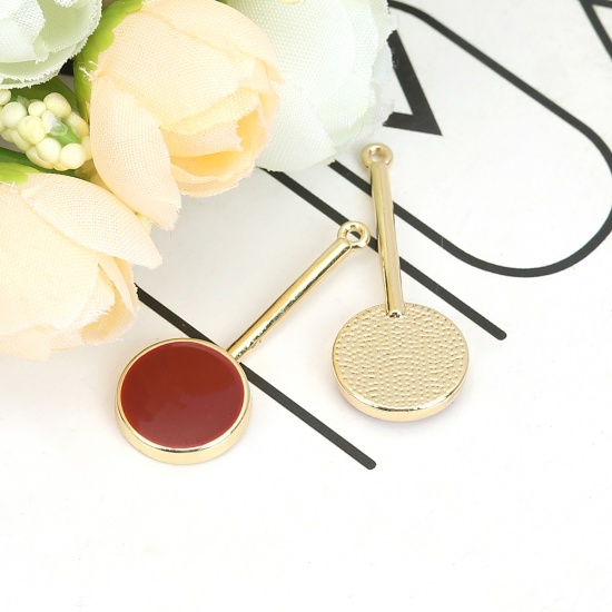 Picture of Zinc Based Alloy Pendants Round Gold Plated Wine Red Full Enamel 33mm(1 2/8") x 13mm( 4/8"), 10 PCs