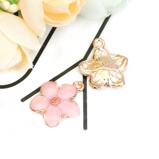 Picture of Zinc Based Alloy Charms Flower Gold Plated Pink Enamel 17mm( 5/8") x 15mm( 5/8"), 20 PCs
