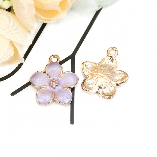 Picture of Zinc Based Alloy Charms Flower Gold Plated Purple Enamel 17mm( 5/8") x 15mm( 5/8"), 20 PCs