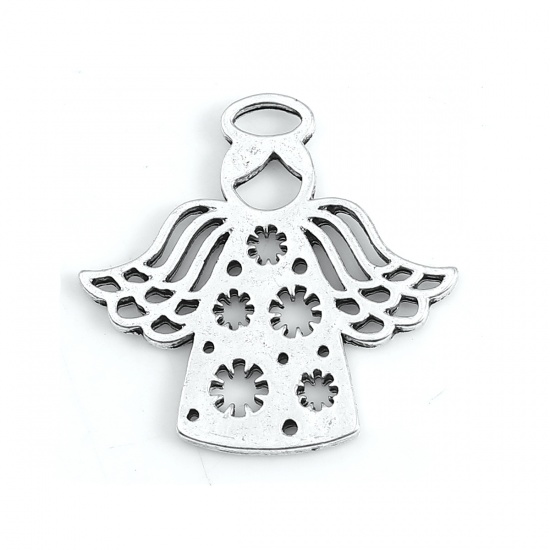 Picture of Zinc Based Alloy Charms Angel Antique Silver Color Flower 27mm(1 1/8") x 27mm(1 1/8"), 20 PCs