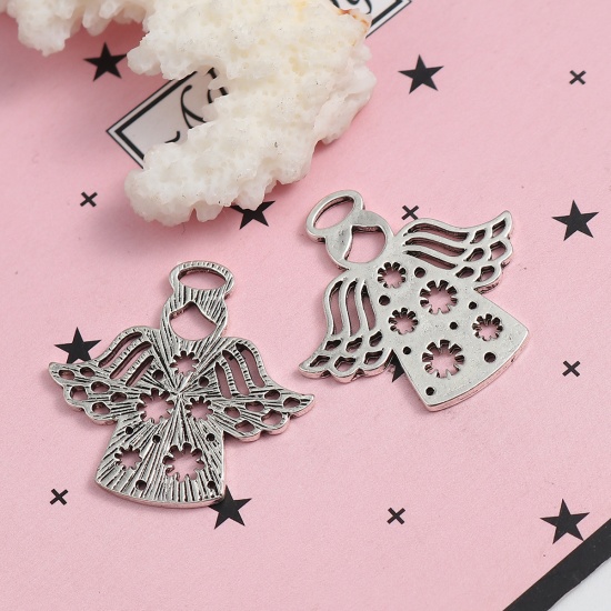 Picture of Zinc Based Alloy Charms Angel Antique Silver Color Flower 27mm(1 1/8") x 27mm(1 1/8"), 20 PCs
