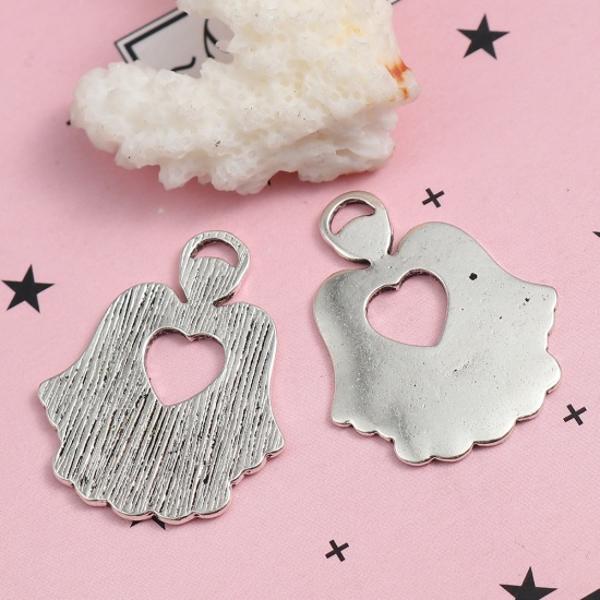 Picture of Zinc Based Alloy Charms Angel Antique Silver Heart 27mm(1 1/8") x 22mm( 7/8"), 10 PCs