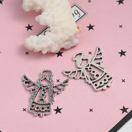Picture of Zinc Based Alloy Charms Angel Antique Silver Color 27mm(1 1/8") x 24mm(1"), 20 PCs