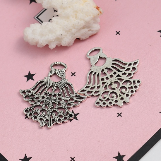 Picture of Zinc Based Alloy Charms Angel Antique Silver Color 27mm(1 1/8") x 25mm(1"), 20 PCs