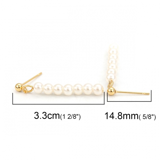 Picture of 316 Stainless Steel Ear Post Stud Earrings Gold Plated White Round Acrylic Imitation Pearl 33mm(1 2/8") x 4mm( 1/8"), Post/ Wire Size: (21 gauge), 1 Pair
