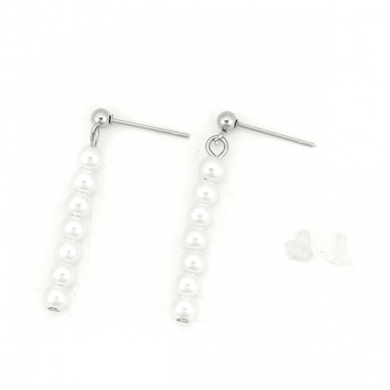 Picture of 316 Stainless Steel Ear Post Stud Earrings Silver Tone White Round Acrylic Imitation Pearl 33mm(1 2/8") x 4mm( 1/8"), Post/ Wire Size: (21 gauge), 1 Pair