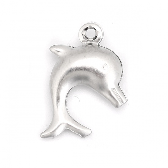Picture of 316 Stainless Steel Ocean Jewelry Charms Dolphin Animal Silver Tone 15mm( 5/8") x 11mm( 3/8"), 20 PCs