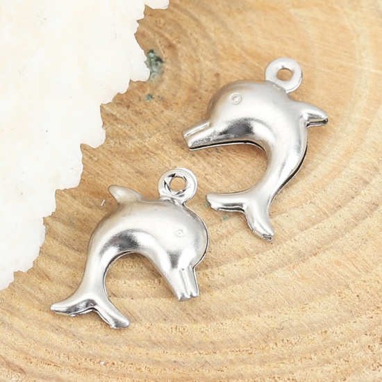 Picture of 316 Stainless Steel Ocean Jewelry Charms Dolphin Animal Silver Tone 15mm( 5/8") x 11mm( 3/8"), 20 PCs