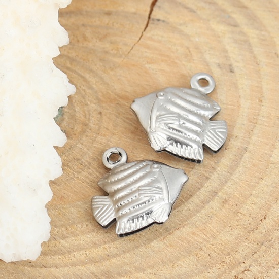 Picture of 316 Stainless Steel Ocean Jewelry Charms Fish Animal Silver Tone 13mm( 4/8") x 12mm( 4/8"), 20 PCs