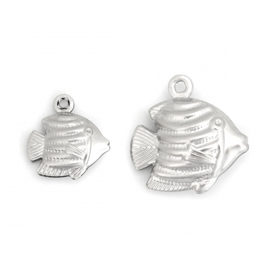 Picture of 316 Stainless Steel Ocean Jewelry Charms Fish Animal Silver Tone 13mm( 4/8") x 12mm( 4/8"), 20 PCs