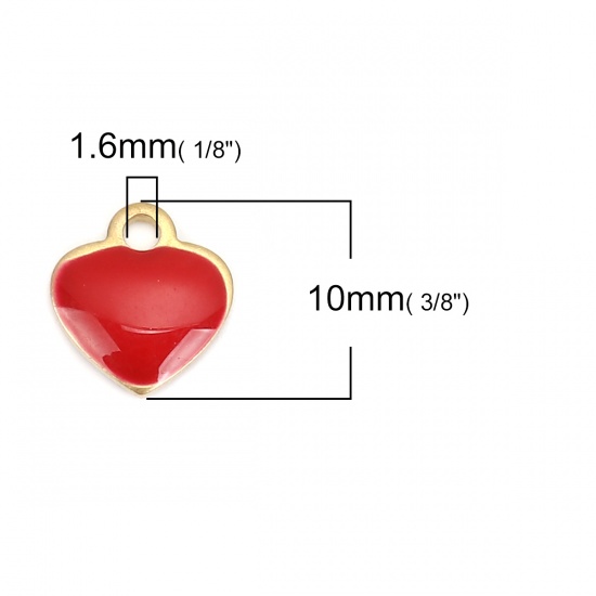 Picture of Brass Charms Heart 18K Real Gold Plated Red Enamel 10mm( 3/8") x 9mm( 3/8"), 10 PCs                                                                                                                                                                           