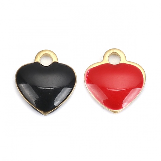 Picture of Brass Charms Heart 18K Real Gold Plated Red Enamel 10mm( 3/8") x 9mm( 3/8"), 10 PCs                                                                                                                                                                           
