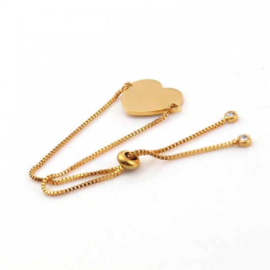 Picture of Stainless Steel Adjustable Slider/ Slide Bolo Bracelets Gold Plated Heart 25cm(9 7/8") long, 1 Piece
