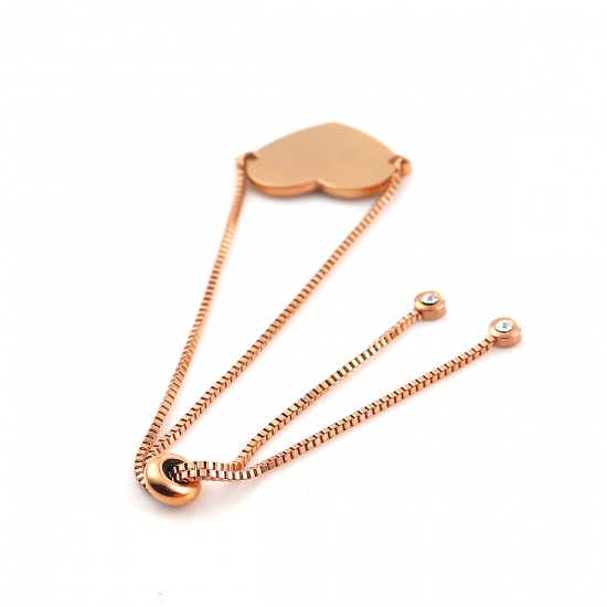 Picture of Stainless Steel Adjustable Slider/ Slide Bolo Bracelets Rose Gold Heart 25cm(9 7/8") long, 1 Piece
