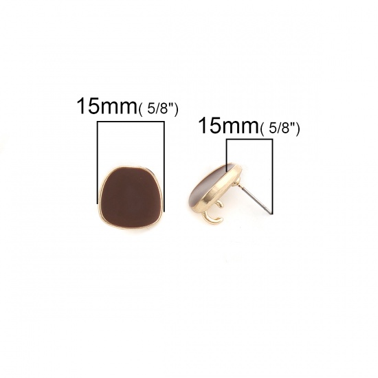 Picture of Zinc Based Alloy Ear Post Stud Earrings Findings Irregular Gold Plated Khaki Enamel (W/ Open Loop) 15mm x 14mm, Post/ Wire Size: (21 gauge), 10 PCs