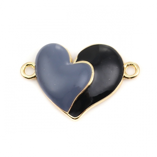 Picture of Zinc Based Alloy Connectors Heart Gold Plated Black & Gray Enamel 29mm x 20mm, 10 PCs