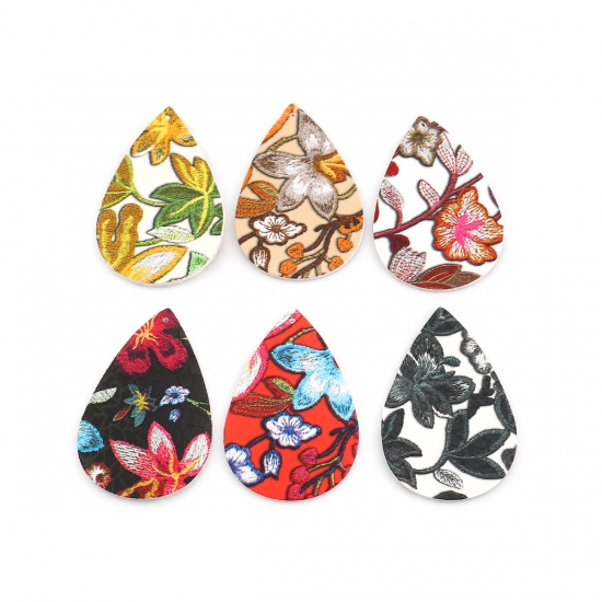 Picture of PU Leather Pendants Drop Red & Multicolor At Random Flower 56mm(2 2/8") x 38mm(1 4/8"), 5 PCs