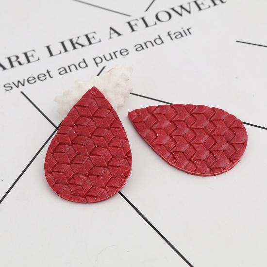 Picture of PU Leather Braided Pendants Drop Red 56mm(2 2/8") x 38mm(1 4/8"), 5 PCs