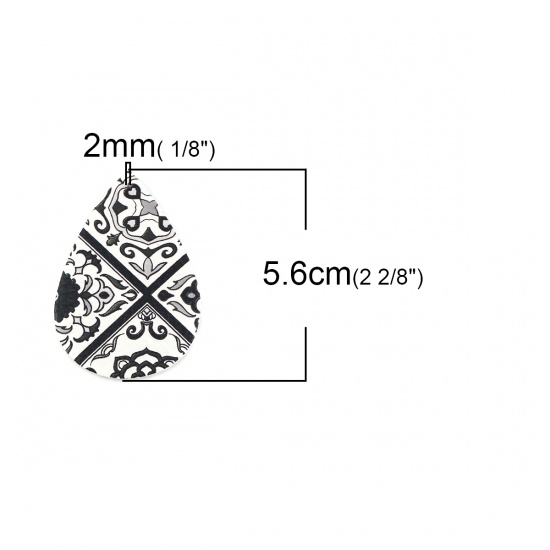 Picture of PU Leather Pendants Drop Black & White At Random Pattern 56mm(2 2/8") x 38mm(1 4/8"), 5 PCs