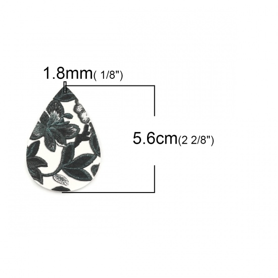 Picture of PU Leather Pendants Drop Black & White At Random Flower 56mm(2 2/8") x 38mm(1 4/8"), 5 PCs