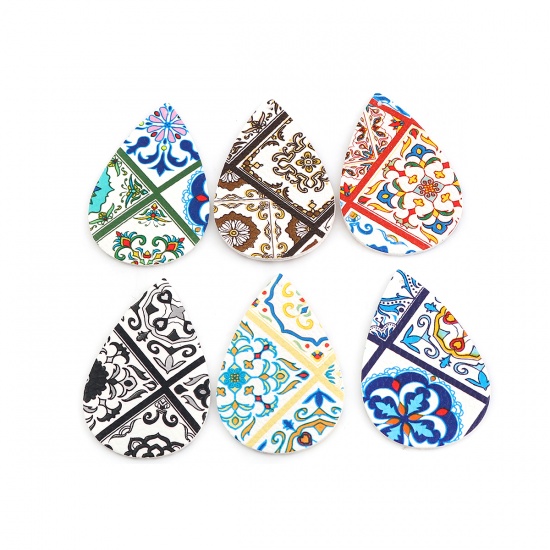 Picture of PU Leather Pendants Drop White & Multicolor At Random Pattern 56mm(2 2/8") x 38mm(1 4/8"), 5 PCs