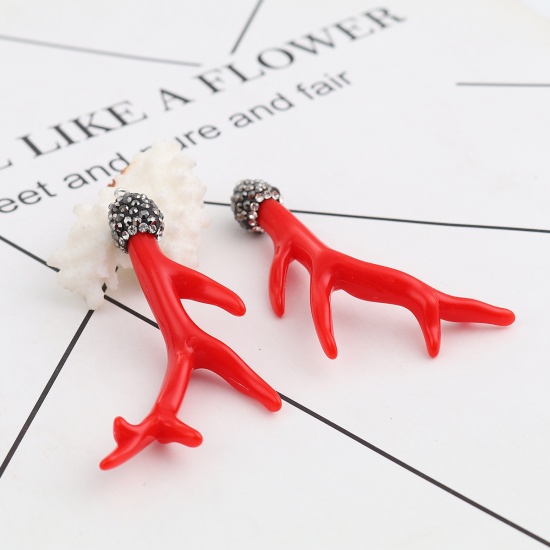 Picture of Acrylic Micro Pave Pendants Antler Red Clear Rhinestone 57mm x 35mm, 2 PCs