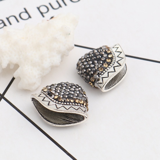 Picture of Zinc Based Alloy Micro Pave Tassel Beads Cap Fan-shaped Antique Silver Dark Gray Wave Champagne Rhinestone 23mm x 18mm, 2 PCs