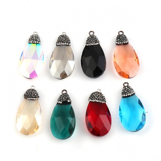 Picture of Glass Micro Pave Pendants Drop Champagne Dark Gray Rhinestone Faceted 44mm(1 6/8") x 22mm( 7/8"), 1 Piece