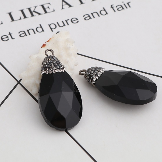 Picture of Glass Micro Pave Pendants Drop Black Dark Gray Rhinestone Faceted 44mm(1 6/8") x 22mm( 7/8"), 1 Piece