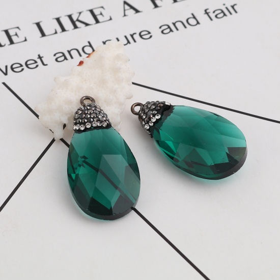 Picture of Glass Micro Pave Pendants Drop Dark Green Dark Gray Rhinestone Faceted 44mm(1 6/8") x 22mm( 7/8"), 1 Piece