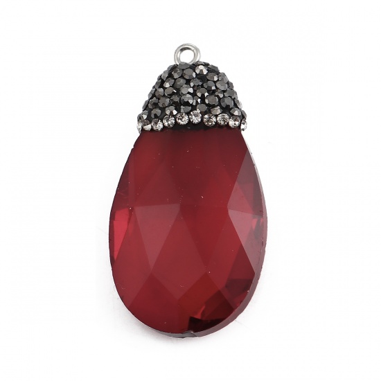 Picture of Glass Micro Pave Pendants Drop Wine Red Dark Gray Rhinestone Faceted 44mm(1 6/8") x 22mm( 7/8"), 1 Piece