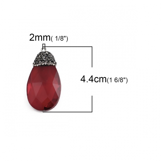 Picture of Glass Micro Pave Pendants Drop Wine Red Dark Gray Rhinestone Faceted 44mm(1 6/8") x 22mm( 7/8"), 1 Piece
