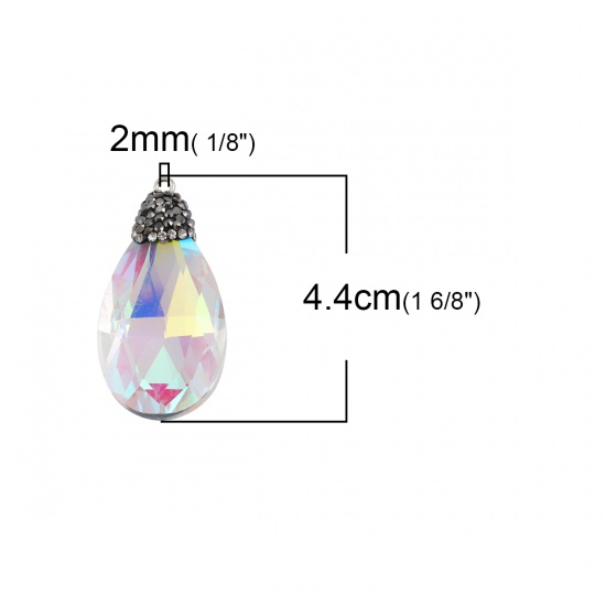Picture of Glass Micro Pave Pendants Drop AB Color Dark Gray Rhinestone Faceted 44mm(1 6/8") x 22mm( 7/8"), 1 Piece