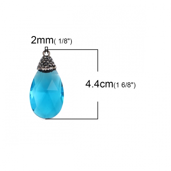 Picture of Glass Micro Pave Pendants Drop Blue Dark Gray Rhinestone Faceted 44mm(1 6/8") x 22mm( 7/8"), 1 Piece
