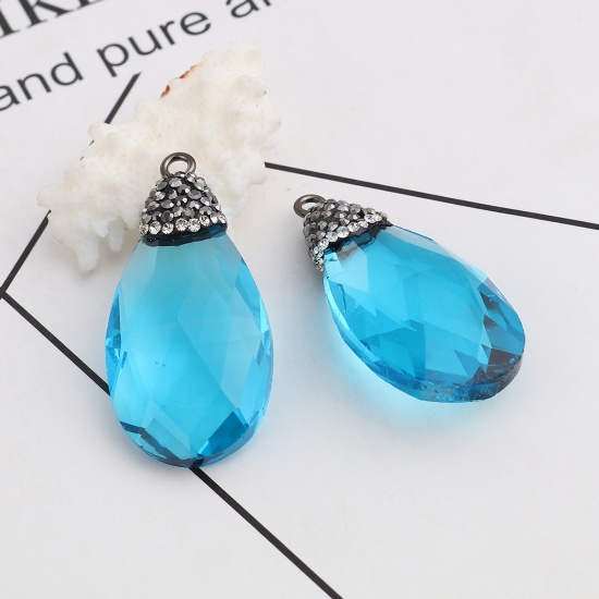 Picture of Glass Micro Pave Pendants Drop Blue Dark Gray Rhinestone Faceted 44mm(1 6/8") x 22mm( 7/8"), 1 Piece
