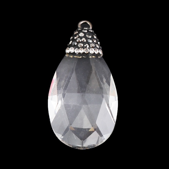 Picture of Glass Micro Pave Pendants Drop Transparent Clear Dark Gray Rhinestone Faceted 44mm(1 6/8") x 22mm( 7/8"), 1 Piece