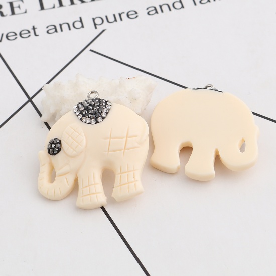 Immagine di Acrilato Stile Bohemien Ciondoli Elefante Bianco Sporco Micro Spianare Grigio Scuro Strass 40mm x 40mm, 2 Pz