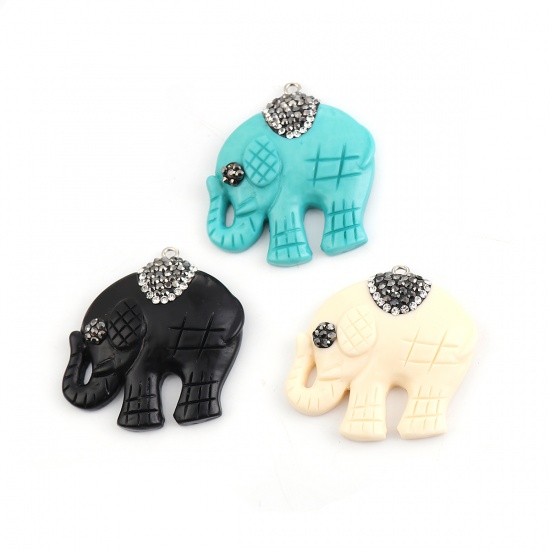 Picture of Acrylic Boho Chic Pendants Elephant Animal Creamy-White Micro Pave Dark Gray Rhinestone 40mm x 40mm, 2 PCs